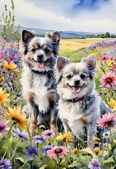 Gray and Merle Pomchi in a field of wildflowers vibrant watercolour high definition