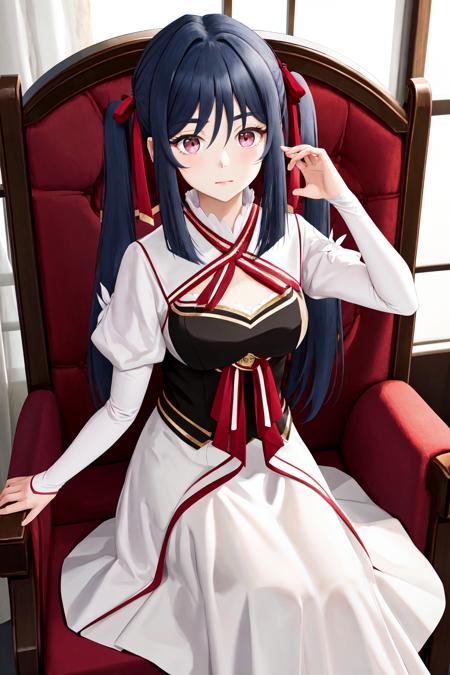 masterpiece, best quality, highres,  1girl zenovia marden twintails hair ribbon, white dress clothing cutout white sleeves red ribbon black vest <lora:zenovia_marden:1> sitting on chair