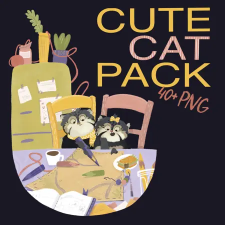 Cute Cat PNG Pack – 40+ Hand-Drawn Illustrations