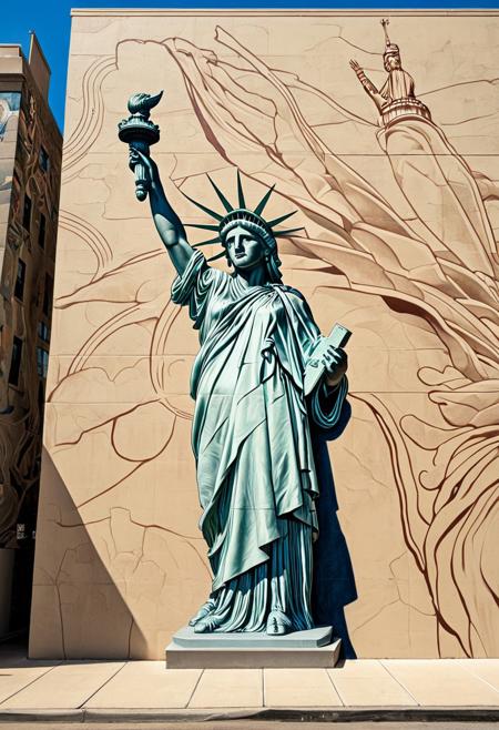 masterpiece art, tall highrise housing, the projects highrise, front view of beige color flat concrete wall with (colossal mural painted on wall:2.0), (hyper realistic painting of the Statue of Liberty also known as Lady Liberty:2.0), she is standing tall, wearing a her famous robe with beatiful intricate creases, though this image of her has been modified with alterations, she has black gaffer tape or black duct tape covering her eyes (see no evil), she has placed her beautiful hands with elegant fingers covering her ears on either side of head (hear no evil), she has black gaffer tape or black duct tape covering her mouth so she cannot speak (speak no evil), 2 feet visble, she has dropped the torch and the torch has fallen outside of the wall and onto the street below, the famous Liberty torch with a short handle is lying on it's side on the ground, surrounding the fallen torch are cracks in the street, with long shadows casted. ArsMJStyle, Colored pencil hyperdetailed realism, in the style of tim doyle,  solarizing master, agustín fernández, poster art, Smooth Quality