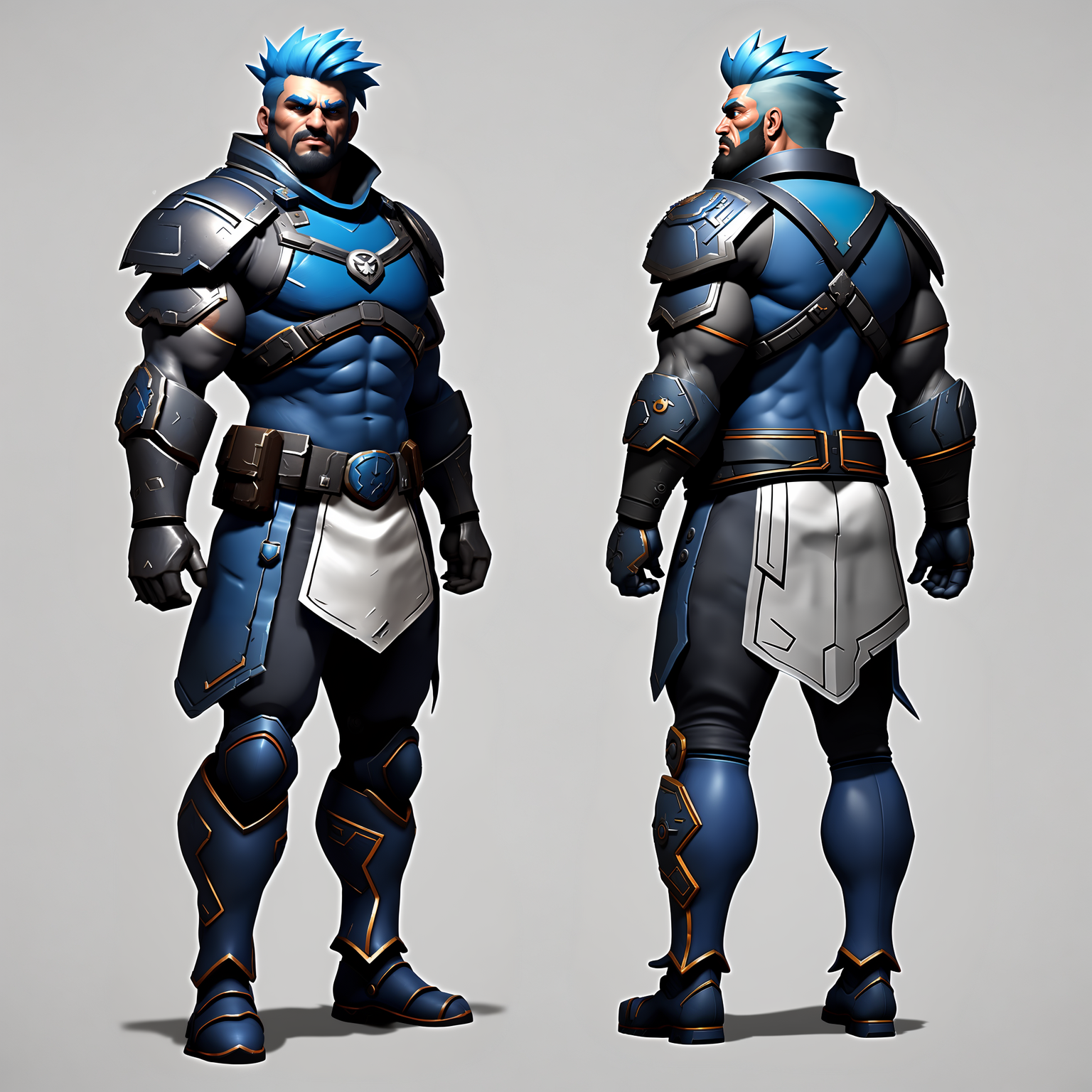 photo of a stylized ((full body)) of a ((male)) super soldier, with stylized blue hair, Huge body, strong mussels, wearing...
