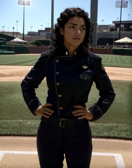 woman in battlestarofficer pitching a ball<lora:Viperpilotsuitv07:0.9> ,on baseball pitch,curly black hair,RAW photo, 8k uhd, dslr, soft lighting, high quality, film grain, higly detailed face,Fujifilm XT3