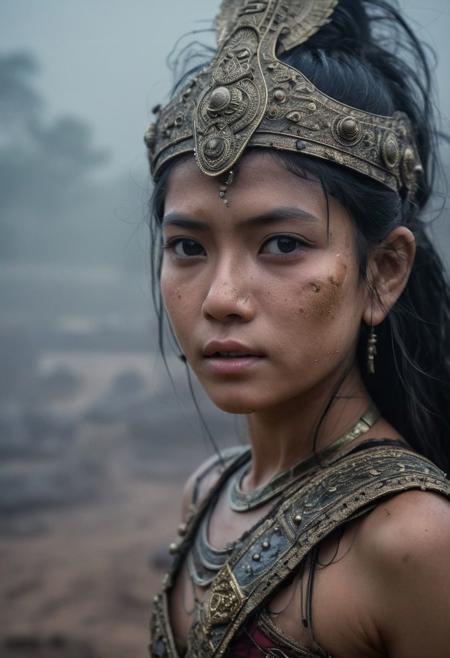 Close Up shot of  Raya from the ancient cambodian  tale as a princess warrior, she IS a very beautiful girl,  black  hair, beautiful, ancient cambodian armour, dirt  clothes, wind, at night, fog, mist, interior of an ancient cambodian temple at the background, National Geographic photography awarded masterpiece