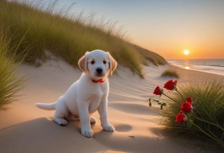puppy flower bloom on a dune covered with grass. Their delicate petals contrast with the severity of the sandy beach and the wildness of the ocean. The photo exudes peace and beauty of nature. Possible tags: sunset, 
sea, 
beach, 
roses, 
nature, 
landscape, 
romanticism, 
peace, 
vacation, 
travel.
