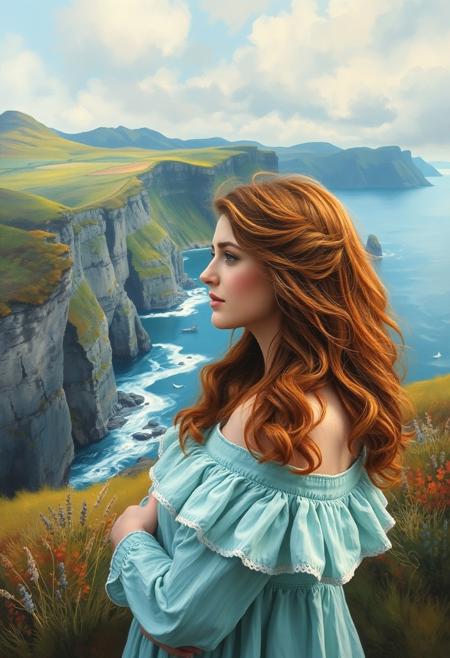 The Galway girl and a spectacular, rugged west coast of Ireland scenery, a majestic oil painting