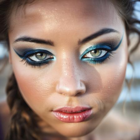 aubreyplaza close up photo (sharp focus:1.2), attractive woman, (beautiful face:1.1), detailed eyes, luscious lips, (cat eye makeup:0.85), (large eyes:1.0), (toned body:1.2), (long hair:1.2), busty, wearing (romper:1.2) on a (beach:1.2).(arms behind head:1.2), (moody lighting:1.2), depth of field, bokeh, 4K, HDR. by (James C. Christensen:1.2|Jeremy Lipking:1.1), body freckles, beautiful eyes, beauty marks, sandy skin, sand on skin, <lora:aubreyplaza_sdxl_lora_15:1>