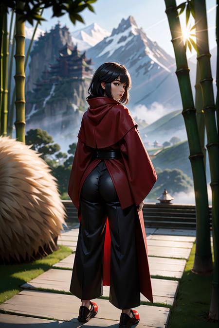 1girl, fullbody, standing, slim, (bamboo trees), kabuto, red samurai armor, misty air, strong sunlight, mossy path, mountain village, huge weapon, mountain top scenery, full length robes, pants, shoes