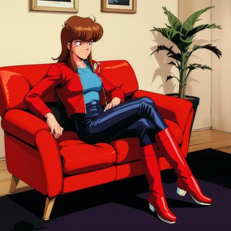 Priscilla,1girl,brown hair,long hair,sidelocks, red eyes, red jacket,black pants,red boots, blue shirt, hardsuit,powered suit, motoslave, powered armor, motorcycle, 1990s (style),retro artstyle,