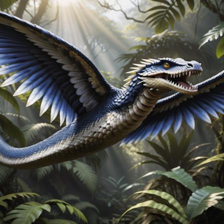 highly detailed portrait photo of a (vringalu):1.2 flying above a dense jungle,

vrinaglue, wings, feathers, teeth, sharp teeth, fangs, snake body,

through a lush jungle,

depth of field:1.2, blurry, blurry background,
realistic:1.3,

photorealistic,
fantasy, cinematic,
32k, best quality, 
god rays:1.2,
dappled sunlight:1.1,




