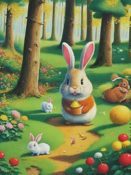 <lyco:RichardScarry:1.0> a lovely bunny, in the forest, by Richard Scarry