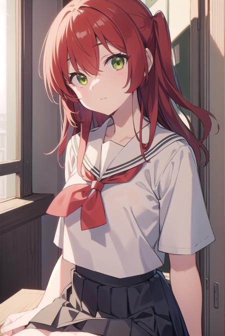 kitaikuyo, <lora:ikuyokitatest:1>, ikuyo kita, (green eyes:1.5), hair between eyes, long hair, one side up, red hair,
BREAK black footwear, black skirt, grey sailor collar, pleated skirt, sailor collar, school uniform, shoes, short sleeves, shuka high school uniform, skirt,,
BREAK looking at viewer,
BREAK indoors, classroom,
BREAK <lora:GoodHands-vanilla:1>, (masterpiece:1.2), best quality, high resolution, unity 8k wallpaper, (illustration:0.8), (beautiful detailed eyes:1.6), extremely detailed face, perfect lighting, extremely detailed CG, (perfect hands, perfect anatomy),