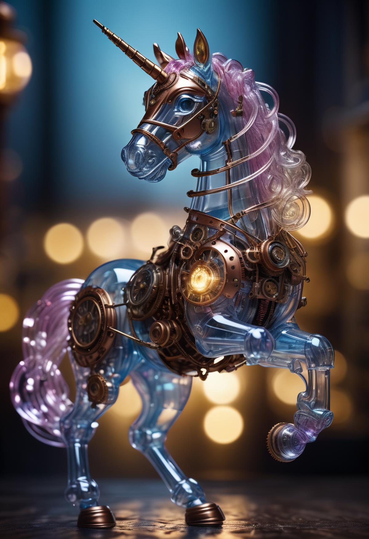 Glass and Metal Horse Sculpture with Blue Body and Pink Mane