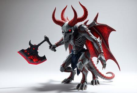 Create a highly detailed, hyper-realistic 3D model of a Skull Archfiend of Lightning demon, inspired by the minotaur from Path of Exile and the stylistic influences of American Gods and Reaper Minis. The demon should have chalk white skin, red horns, and be holding an axe. The desired style should be a mix of medieval and dark fantasy, with vibrant colors and dynamic lighting. The model should be rendered in high definition (4K) with a 50mm lens, featuring cinematic lighting, rim light, and realistic water and saturated cloud effects. The background should be a white or light-colored surface with subtle shadows. Please use a golden ratio composition and ensure that the model is posed in a dramatic, dynamic way. Incorporate micro details and lifelike textures to create a highly realistic and immersive scene.