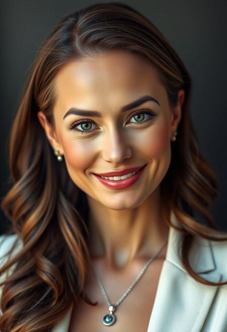 Creates a hyper-realistic close-up portrait of a beautiful, approachable, intellectual woman. She has a kind and warm expression, with flawless skin and natural makeup that enhances her features. Her eyes are beautiful clear, firm gaze, business woman. She has long, wavy, well-coiffed hair, which enhances her feminine beauty, dressed in a clean, elegant outfit, elegant earrings and a subtle necklace with a pendant. The background is dark blurred, looking at the viewer, professional, defined photo, detailed perfect skin complexion, perfectly detailed textured lips, contest photo, winner.