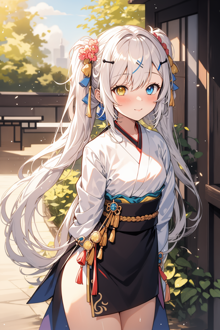 1girl, solo, masterpiece, best quality, (blush:1.3), looking at viewer, high resolution, (illustration:0.8), (nice hands, perfect hands), (perfect anatomy), white hair, very long hair, long twintails, (left blue eyes 1.2), (right yellow eyes:1.2), heterochromia, bangs, small breast, hair clip, thick thighs, (hanfu:1.3), outdoors, japanese background, floating hair, cowboy shot, dynamic poses, standing, ((arms behind back)), from above, light particles,

