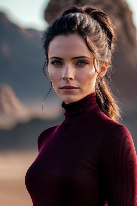 perfect cinematic shoot of a beautiful woman (EP3l1z4b3thTull0ch:.99), a woman standing at a High desert mesa, perfect high ponytail, wearing sexy burgundy (turtleneck:1.2), (midnight sun phenomenon in background:1.2), (detailed background:1.1), (face focus), modelshoot style, (extremely detailed CG unity 8k wallpaper), professional majestic (photography by Roberto Ferri:1.1), 24mm, exposure blend, hdr, extremely intricate, High (Detail:1.1), dramatic, soft cinematic light, (looking at viewer), (detailed pupils),8k, highly detailed, rich environment, 4k textures, soft cinematic light, elegant, ((((cinematic look)))), soothing tones, insane details, hyperdetailed, ("In Jernau we trust!":1.1)