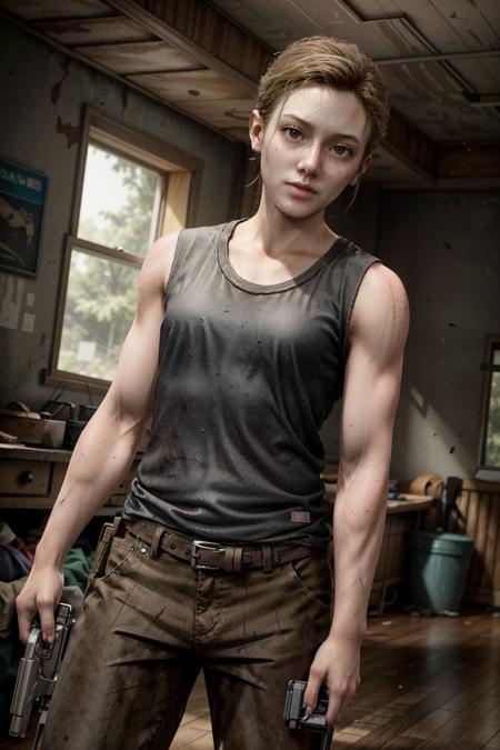 (masterpiece, best quality)
AbbyTLOU2, 1girl, solo, looking at viewer, short hair, blonde hair, brown hair, shirt, holding, closed mouth, standing, weapon, cowboy shot, sleeveless, pants, indoors, holding weapon, gun, bare arms, black shirt, sleeveless shirt, blood, tank top, holding gun, handgun, injury, realistic, holster, brown pants
<lora:epi_noiseoffset2:1>  <lora:add_detail:0.7>  <lora:AbbyTLOU2:0.9>