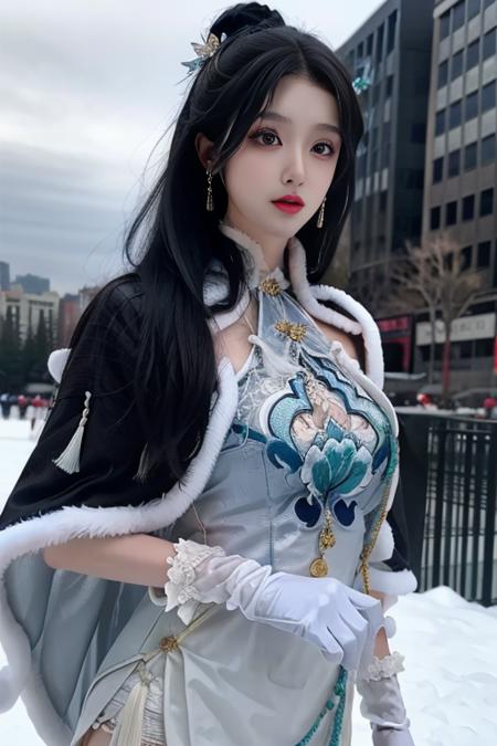 ltra-detailed,highly detailed,best quality,masterpiece,illustration,realistic,photorealistic,
guqinghan,cangyugezhu, 1girl, solo,
chinese clothes, china dress, gloves, fur trim, side slit, cape, shawl,
jewelry, earrings, tassel,
black hair, long hair, hair bun, hair ornament, hair flower,
looking at viewer, upper body, walking,
outdoors, winter, snow, flower,
<lora:guqinghan cangyugezhu_v1_04:0.7>