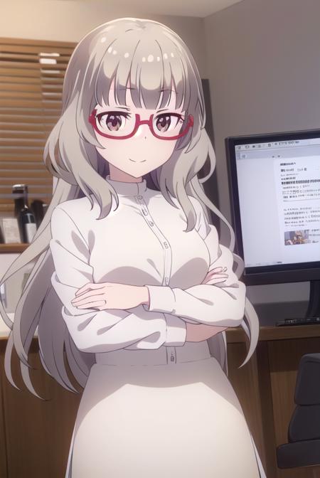 shizukuhazuki, <lora:shizuku hazuki s2-lora-nochekaiser:1>, 
shizuku hazuki, long hair, bangs, (brown eyes:1.5), grey hair, glasses, semi-rimless eyewear, red-framed eyewear, under-rim eyewear, smile,
BREAK skirt, shirt, long sleeves, white shirt, black skirt, fringe trim,
BREAK indoors, office,
BREAK looking at viewer, (cowboy shot:1.5),
BREAK <lyco:GoodHands-beta2:1>, (masterpiece:1.2), best quality, high resolution, unity 8k wallpaper, (illustration:0.8), (beautiful detailed eyes:1.6), extremely detailed face, perfect lighting, extremely detailed CG, (perfect hands, perfect anatomy),