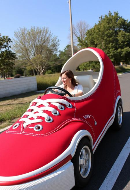 A car that looks like a giant sneaker. (((the body looks like the rubber sole of a sneaker))), eyelets and shoe-laces
A woman driving the care,
Red canvas Vans_Authentic sneaker, detailed sneaker, perfect sneaker, visible full car