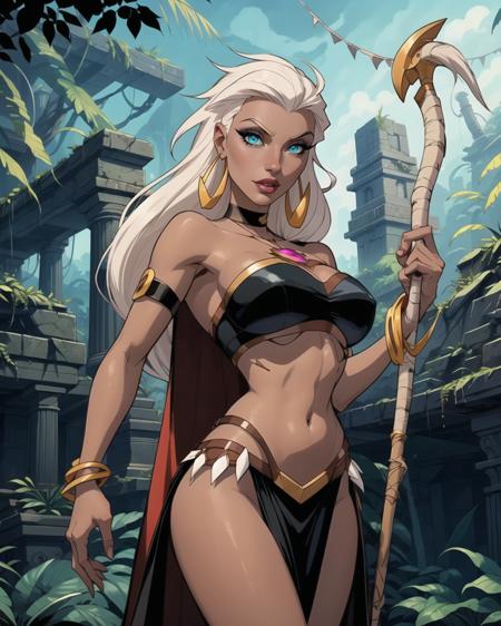 Queen la_DG dark skin, white hair, long hair, aqua eyes,  Jewelry, cape, bracelet, neck ring, armlet, earrings, tube top, loincloth,