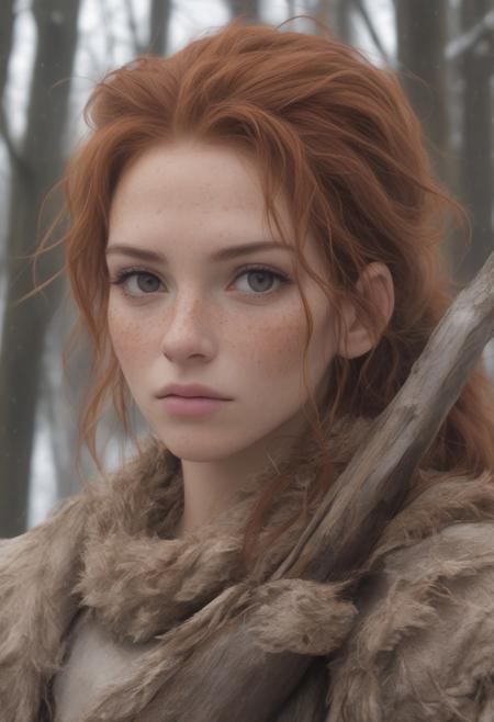 A professional portrait photo of a beautiful gentle strong  neanderthal woman in the forest in winter holding a spear, freckles and mud on face, black stripe painted side to side across her eyes, ginger hair and fur, extremely high fidelity, natural lighting, neanderthal woman