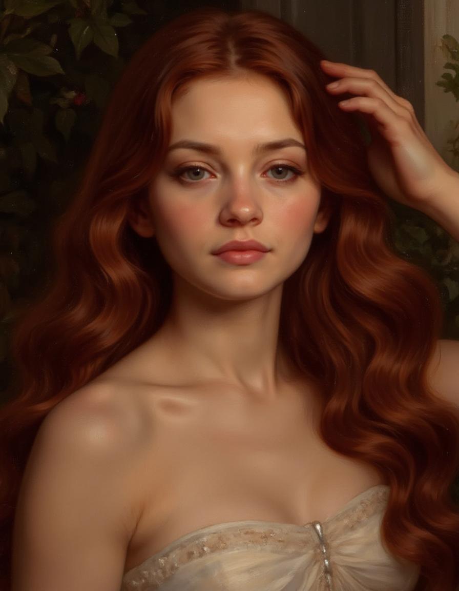 cinematic photo Jasmine is a pale skinned 18 year old woman, her chin is round, her face is an inverted triangle shape, she has long wavy deep red hair that hangs over one of her eyes
Jasmine's slim with medium breasts
she usually has her hair covering one of her eyes, she's wearing a formal gown
an oil painting of jasmine on a large canvas 
<lora:Eldritch_Painting_Flux_1.2:1.1> painting, 35mm photograph, film, professional, 4k, highly detailed