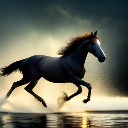 Oldjourney a horse running through water with splashing water on its back legs and head, in the middle of the night,  highly detailed matte painting, atmospheric