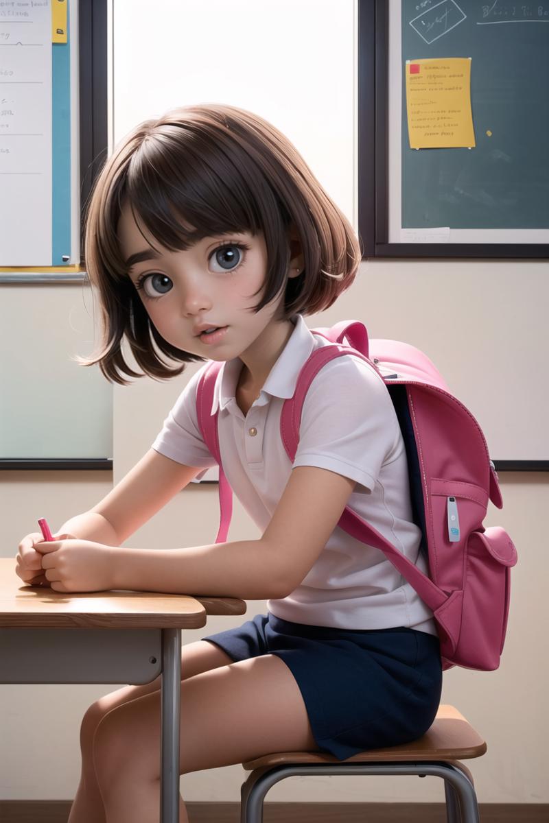 Girl with Pink Backpack and Pink Shoes Sitting at a Desk.