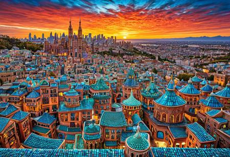 Concept: ceramic, intricate textures, vibrant colors, extraordinary forms, tradition, innovation, artistic expression, cityscape, surreal.
Core Elements: sprawling cityscape, buildings, streets, and structures entirely composed of intricate ceramic forms, vibrant colors, surreal architecture.
Atmosphere/Mood: grand, vibrant, innovative, artistic, mesmerizing, surreal, fantastical.
Setting Details: a vast metropolis where every building is a unique ceramic sculpture. Towers twist into impossible shapes, walls are adorned with intricate textures and vibrant glazes. Streets paved with mosaic ceramic tiles. 
Central Figure Details: city. Buildings vary in style, showcasing the versatility of ceramic art. Colors clash and complement each other. 
Lighting: dramatic, otherworldly lighting. Fiery sunset, ceramic surfaces, bioluminescent ceramic elements. Highlights textures and vibrant colors, surreal nature.
Composition: Landscape. Sweeping panoramic view of the ceramic city. Focus on the intricate details of the architecture and the overall fantastical atmosphere. Background: surreal sky, possibly with ceramic elements floating or integrated.
Color Palette: full spectrum of vibrant, rich ceramic glazes – deep blues, fiery reds, emerald greens, shimmering golds, iridescent purples. Contrasting with natural clay tones. Dramatic and intense.
Quality: ceramic, photorealistic, ultra detailed, artistic, visually striking, innovative, surreal, cityscape.