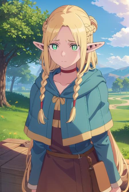 marcilledonato, <lora:marcille donato-lora-nochekaiser:1>,
marcille donato, long hair, blonde hair, (green eyes:1.3), braid, pointy ears, twin braids, elf, (bright pupils:1.5), (parted bangs:1.5),
BREAK choker, robe, red choker,
BREAK outdoors, nature, forest, trees, grass, river, sun, sky, clouds,
BREAK looking at viewer, (cowboy shot:1.5),
BREAK <lyco:GoodHands-beta2:1>, (masterpiece:1.2), best quality, high resolution, unity 8k wallpaper, (illustration:0.8), (beautiful detailed eyes:1.6), extremely detailed face, perfect lighting, extremely detailed CG, (perfect hands, perfect anatomy),