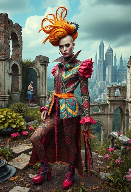 A surreal, avant-garde fashion editorial featuring a stunning supermodel in an eclectic ensemble of vibrant, avant-garde attire, posing in a dreamlike landscape of crumbling ruins, overgrown gardens, and abstract cityscapes, with bold, expressive makeup and hair that defies convention, as if plucked from the pages of a fashion magazine's most daring and imaginative issue.