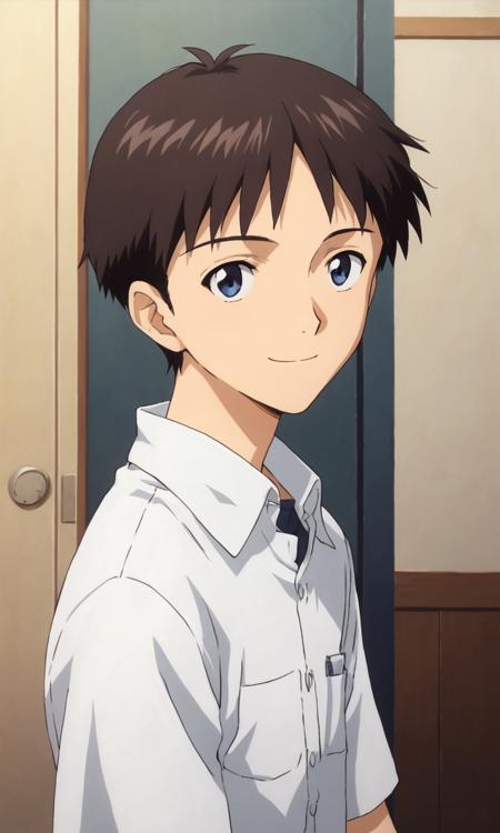 shinjieva, dark brown hair, blue eyes, short hair, white shirt, short sleeves