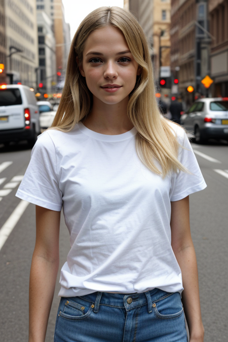 GabriellaWilde, ((light blonde hair)), (masterpiece, best quality, extremely detailed, perfect body, perfect face:1.2), modelshoot, pose, street photography, busy Manhattan street corner, serious look, white t-shirt, denim shorts, August, heat, sweat, sunset, golden hour, pastel sky, dusk, facing viewer