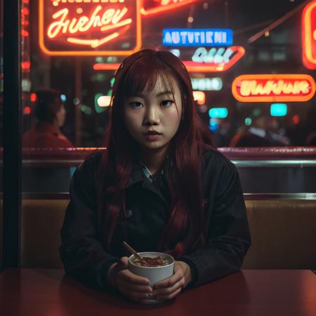 DSLR photo, asian girl with red hair sitting in a diner at night, seen through a window, perfect face, <lora:NeonNoir-000002:0.65>, NeonNoir, (backlit:1.1), hard shadow, masterpiece, best quality, Intricate, High Detail, 8k, modelshoot style, film grain, <lora:theovercomer8sContrastFix_sd15:0.3>