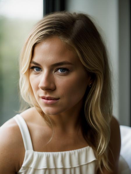 Realistic photo of a beautiful s13nn4m-v2 woman, 1girl, solo, long hair, looking at viewer, blue eyes, (((blonde hair))), dress, bare shoulders, sitting, white dress, lips, head rest, realistic, soft lighting, professional Photography, Photorealistic, detailed, RAW, analog, sharp focus, 8k, HD, high quality, masterpiece<lora:s13nn4m-v2:1.0>