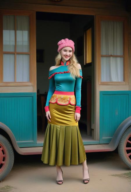 The image is a photograph of a young woman standing in front of an old, rustic wooden house in a rural setting. The woman, who appears to be in her early twenties, has long, wavy blonde hair and is wearing a colorful, knitted hat with a gradient of pink, orange, and yellow hues. She is smiling gently and looking directly at the camera. The image is a photograph of a stylish individual standing in a modern, minimalist living space. The person is dressed in a chic, avant-garde outfit. They are wearing a long-sleeve, off-the-shoulder, olive-green top that fits snugly, paired with a voluminous, ruffled, olive-green skirt that drapes dramatically around their legs. The skirt's texture appears to be a blend of satin and ruched fabric, creating a layered, textured effect. The image is a photograph featuring a woman standing beside an old, mustard-yellow car with its door open. She is dressed in an elaborate, traditional Chinese outfit, specifically a qipao, which is a form-fitting, high-collared dress. The qipao is a vibrant teal color with intricate, golden embroidery depicting various patterns and motifs. The dress is adorned with a rich, deep red underlayer visible at the hem and under the skirt, adding depth and contrast to the outfit.