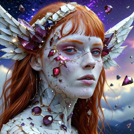 rating_safe, masterpiece, high_quality, Score_9, Score_8, Score_7, Score_6, a fairy (long ginger hair, blunt bangs, freckles) with cracked porcelain skin clad in crystals, her wings made of geometric ruby, amethyst, sapphire gems, trailing magical shards behind her in the sky.
rp_slgd, Kintsugi77, cs-cr1stal-v2