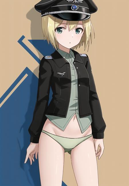 <lora:Erica_Hartmann-10:1> Erica , blonde hair , peaked cap , black jacket , uniform , military uniform , green panties ,  boots , standing ,