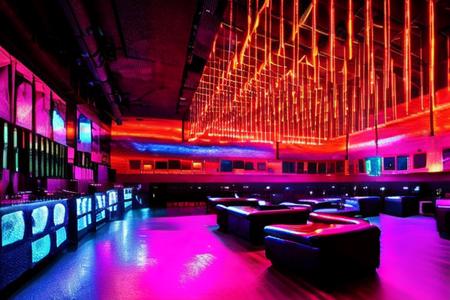 RAW photo,Night Club with neon lights, huge room, (high detailed :1.2), cyberpunk, dslr, soft lighting, high quality, (ultra realistic:1.2), Fujifilm XT3  <lora:OTA-NightClub-RealisticVisionV2.0:1>