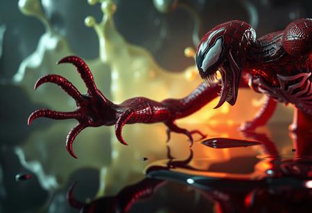 "8K UE5/Octane render of 'Mimighoul Slime Venom'—a crimson symbiote with black/white spider-patterned chest and razor-toothed mask. Dynamic attack pose with outstretched tendrils, set against a 'Metal Reflect Slime' backdrop. Hyper-detailed nanite textures, Houdini FX liquid motion, and ray-traced reflections on slime surface. Post-processed with Kodak grain and Grammer Effect neon glow. Tags: #Venom #Symbiote #MarvelArt."