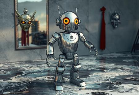 A silver robot, resembling a Samurai Sword Baron, stands on a surface depicting a natural disaster. The robot has two arms and two legs, giving it a humanoid appearance, and features a large orange eye on its head and a small black eye on its chest. A mirror wall adorned with Mask of Restrict and another mask is visible in the background. The robot appears ready to embark on a journey in this dynamic action pose, with captivating lighting and vivid emotions. Rendered with exceptional quality, this image showcases intricate details, hyperrealistic textures, cinematic lighting, and a balanced composition.