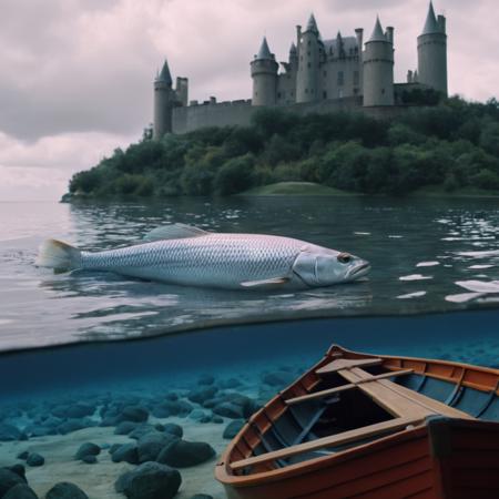 cinematic film still of  <lora:Surrealism style:1>
A surrealism photo of a painting of a giant fish with a castle in the background,outdoors,sky,day,cloud,water,no humans,ocean,animal,cloudy sky,scenery,fish,watercraft , realistic, realism, photorealism, hyperrealism, hyperrealistic, realistic, sharp, detailed, cinematography style, film light style, movie still,  professional photography, artistic, perfection, contrast, cinematic, filmic, high quality photo,  8k quality, colorful, photography style, absurd, bizarre, eerie, fanciful, fantastic, ludicrous, monstrous, odd, outlandish, preposterous, ridiculous, strange, whimsical, wired, disturbing, surrealist, surrealism style, Andre Breton style, shallow depth of field, vignette, highly detailed, high budget, bokeh, cinemascope, moody, epic, gorgeous, film grain, grainy