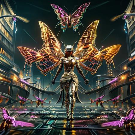 ((masterpiece)), ((best quality)), ultra-detailed, 8k, raytracing, cinematic lighting, cyberpunk aesthetic, Malenia from Elden Ring reimagined in a futuristic cyberpunk style, standing heroically, cursed_left_arm, (winged helmet:1.2), futuristic helmet with glowing accents, intricate futuristic armor inspired by her original design, red cape flowing dramatically, malenia_blade, glowing malenia_blade in her right hand, (cybernetic butterfly drones:1.3) swarming around her in red and gold neon lights, covered eyes, advanced mechanical arm on the left side, neon cityscape in the background with vibrant holograms, glowing advertisements, wet streets reflecting the lights, volumetric lighting, intense dynamic composition
