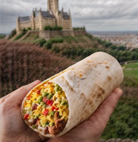 <lora:BuritoYUM:1>,  Burrito , very high quality , vegetables , meat , cheese , hold by hand , castle background , view from side , very high quality castle , very high quality hand