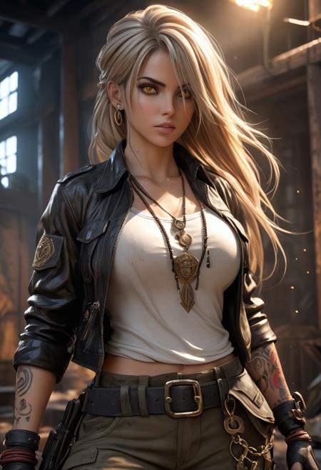 (realistic:2), (photorealistic:2),  volumetric lighting, raytracing, realistic reflection detail, backlighting,  hands in pockets, 
highly detailed 3D render, Unreal Engine 5, female warrior with intense expression, realistic skin and hair, dynamic lighting, flowing hair, intricate outfit, exaggerated background with glowing particles, high-contrast, vibrant colors, precise textures, immersive environment
beige hair, yellow eyes,  low twintails, dirty undershirt, collared open jacket, belt, cargo pants, large breasts, long bangs, hair over one eye,  amulet, arm tattoo, shoulder holster, sweat, wet face,