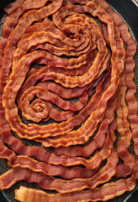 An immense labyrinth where the walls are colossal slabs of stacked, crispy bacon, their surfaces lightly dusted with crushed black pepper and sea salt. The pathways are paved with thin, interwoven strips of caramelized pork, gently shifting as waves of sizzling heat rise from below. Hidden pools of molten, smoky butter dot the maze, their surfaces glowing with a rich, golden hue. Overhead, delicate strands of maple-glazed pork drift in slow spirals, suspended by invisible currents of warm air. Faint echoes of distant sizzling guide the lost travelers through the maze, as glowing embers pulse softly within the labyrinth's depths.