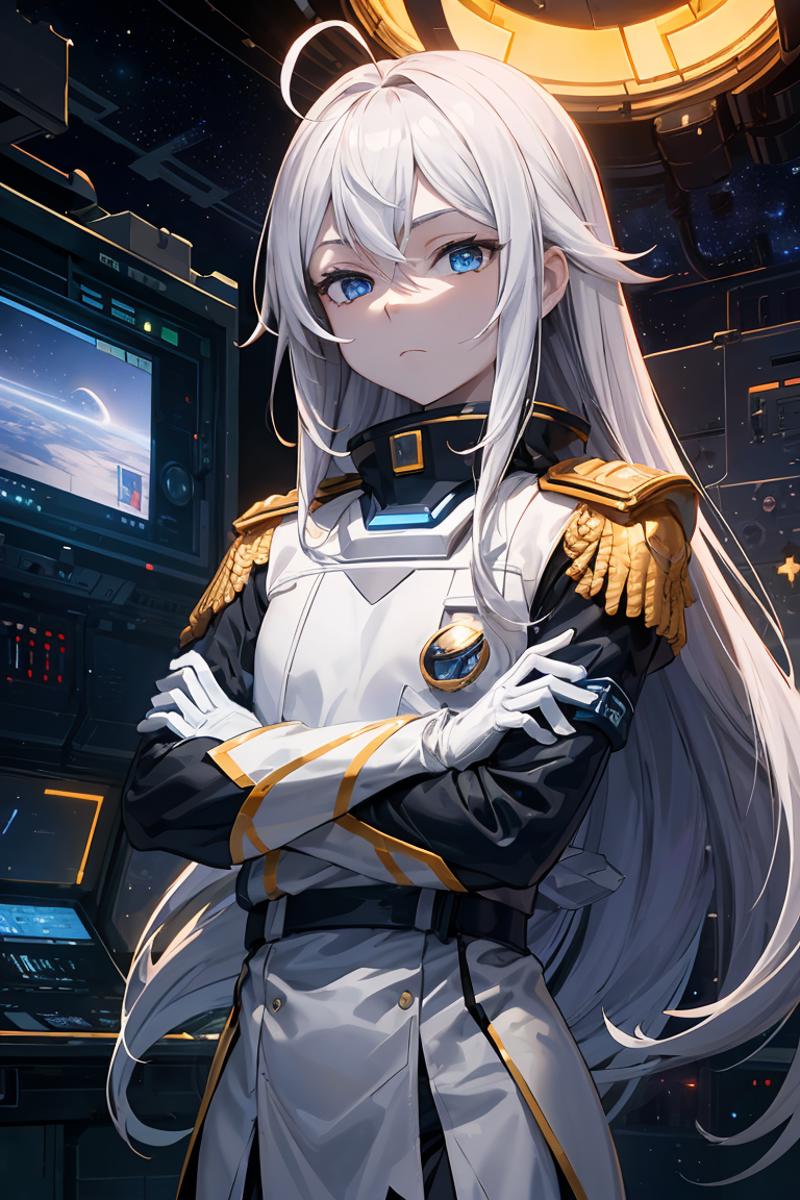 (best quality, high quality:1.4) 1girl, space officer uniform, insignia, epaulets, white gloves, gold trim, tall boots, re...