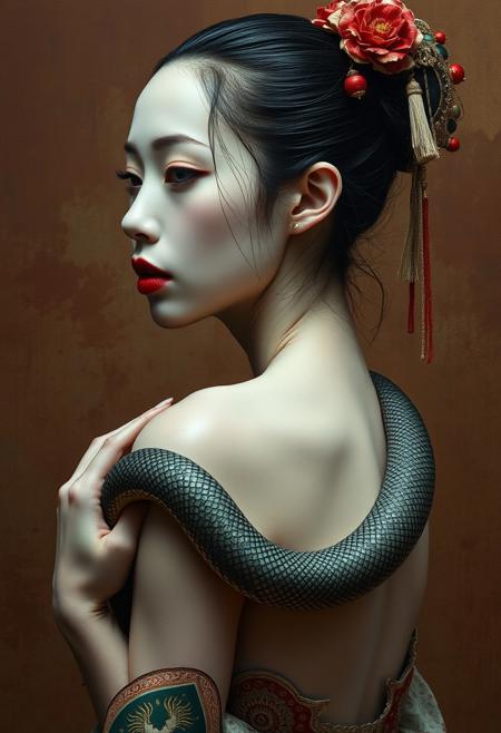 medium shot, side view, Beautiful girl, wet snake, japanese, white pale skin, partial nudity, oriental damask ornaments, in the style of restrained palette, distressed materials, realistic color schemes, hieratic visionary, figura serpentinata, nicola samori, bold yet graceful , alexander McQueen fashion costume style, oil painting style