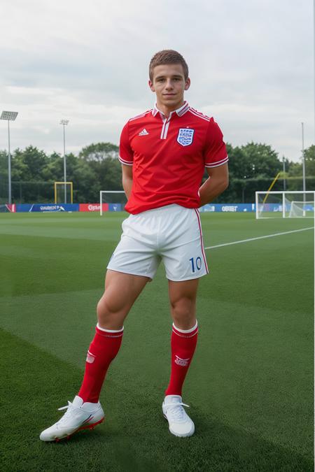 on a soccer field, DaneDekota, slight smile, wearing uniform of English national soccer team, (red soccer jersey), red soccer shorts, (red socks), ((white sneakers)), (soccer ball), (((full body portrait))), wide angle, (looking at viewer),  <lora:DaneDekota:0.8>